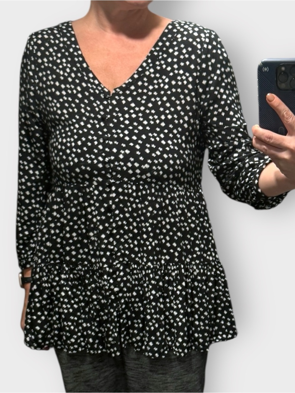 Maeve Anthropologie Black White Peplum Button Front Babydoll Blouse M Abstract